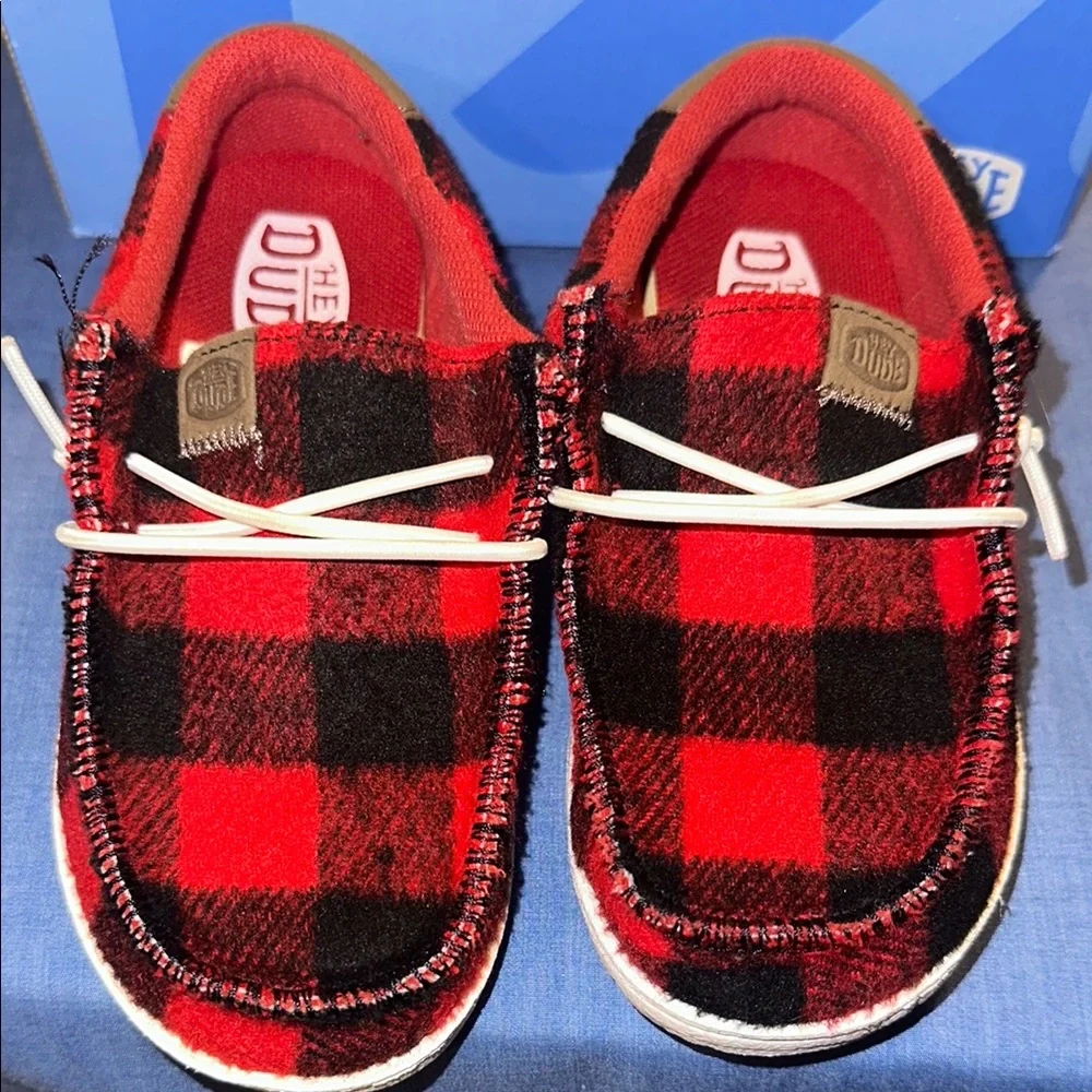 Hey Dude Red Black Moccasins with Plaid Design